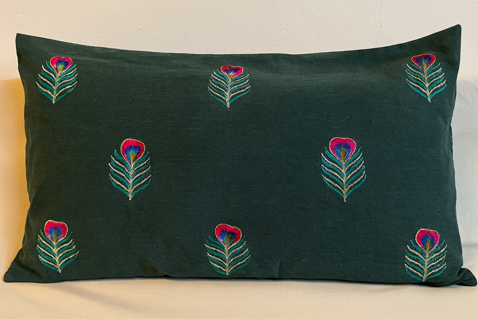 Kussenhoes | Veren | Wit &amp; Groen | Rechthoekig