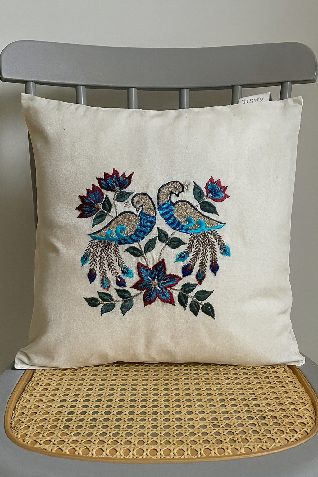 Kussenhoes | Pauw | Wit, Blauw &amp; Kastanjebruin | Vierkant